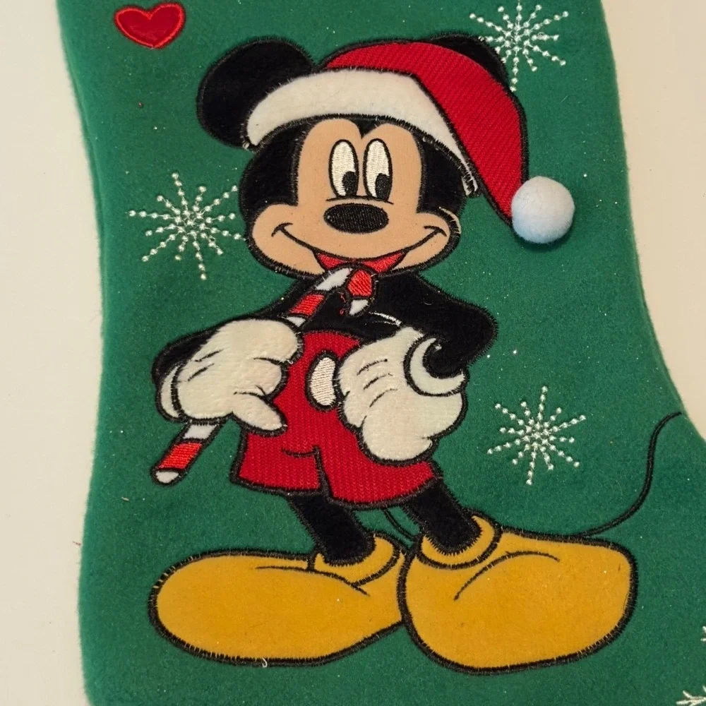 Disney Mickey Mouse Green‎ Christmas Stocking Merry Christmas Red Cuff 17 Inch